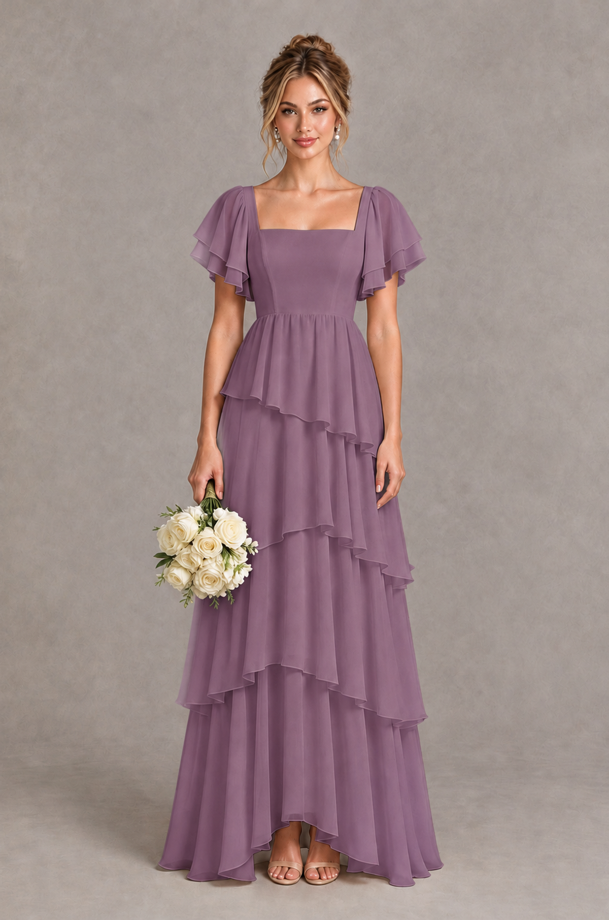 BOLODOO Wisteria Square Neck Flutter Sleeve Tiered Chiffon Bridesmaid Dress with Lace-Up Back - Wisteria - Wisteria_1