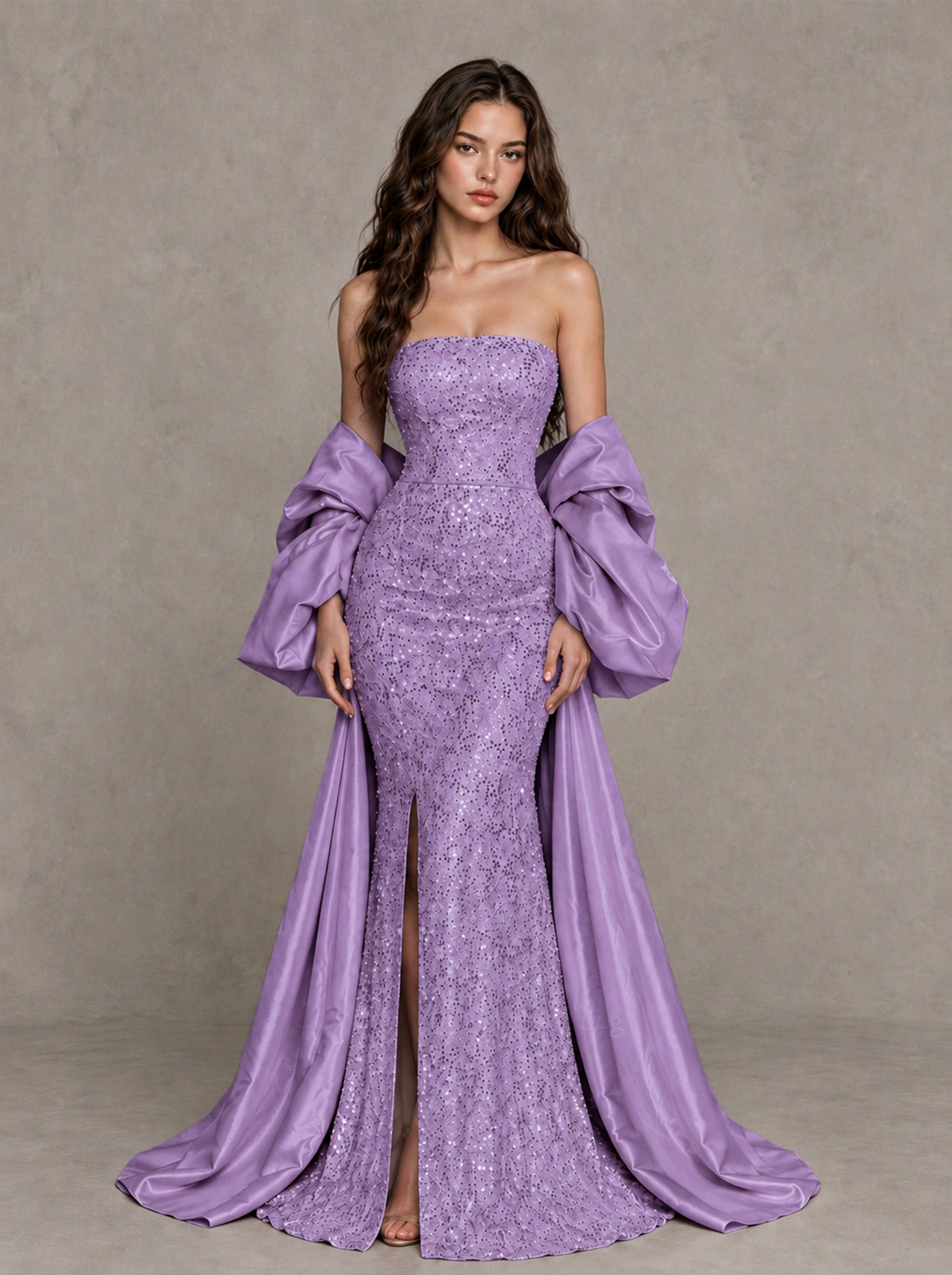 BOLODOO Wisteria Strapless Sparkle Mermaid Prom Dress with Front Slit and Draped Sleeves - Wisteria - Wisteria_1