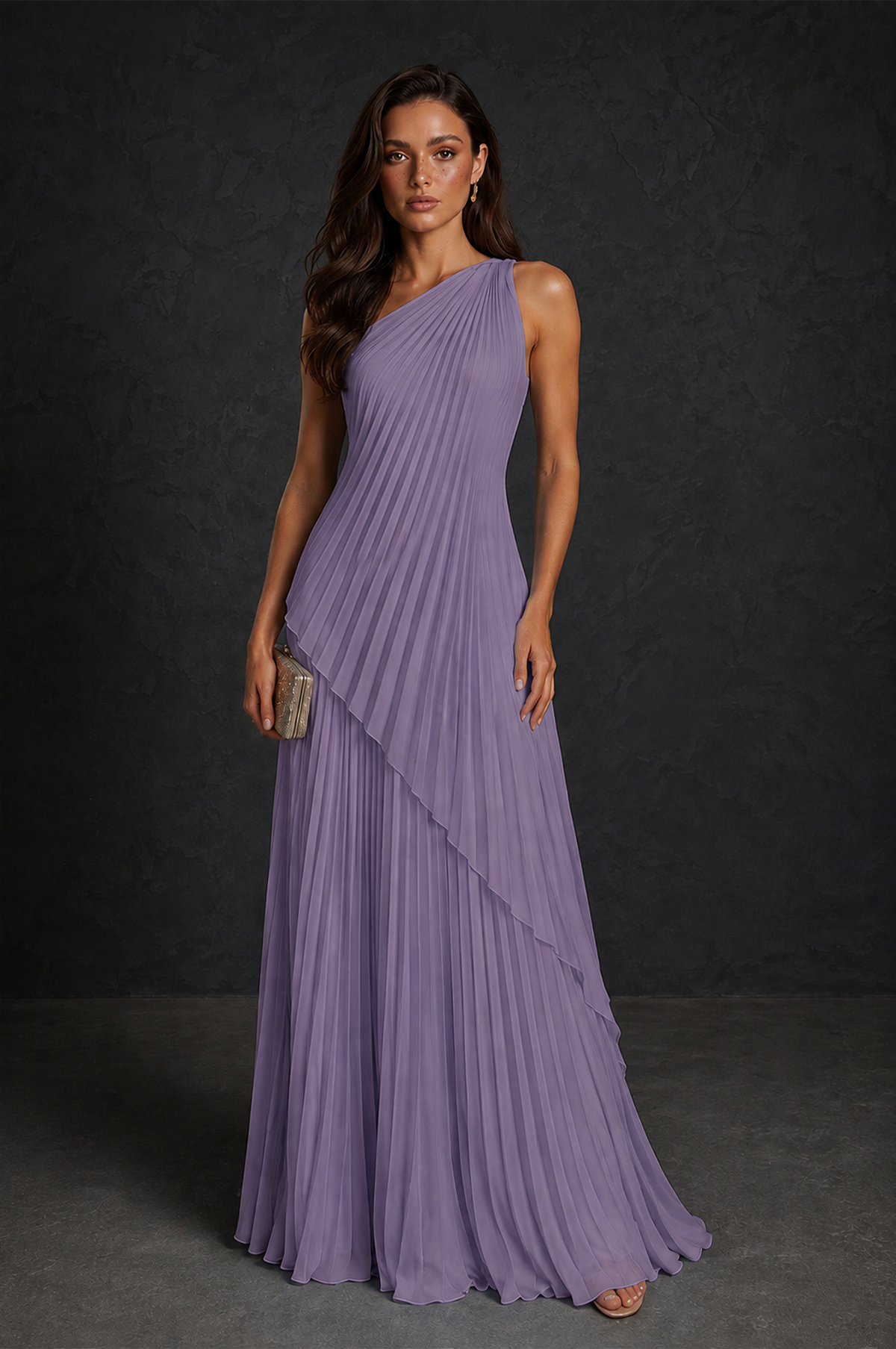 BOLODOO Wisteria One-Shoulder Sunburst Pleated Asymmetric Layered Overlay Accordion Pleated Chiffon Maxi Dress - Wisteria