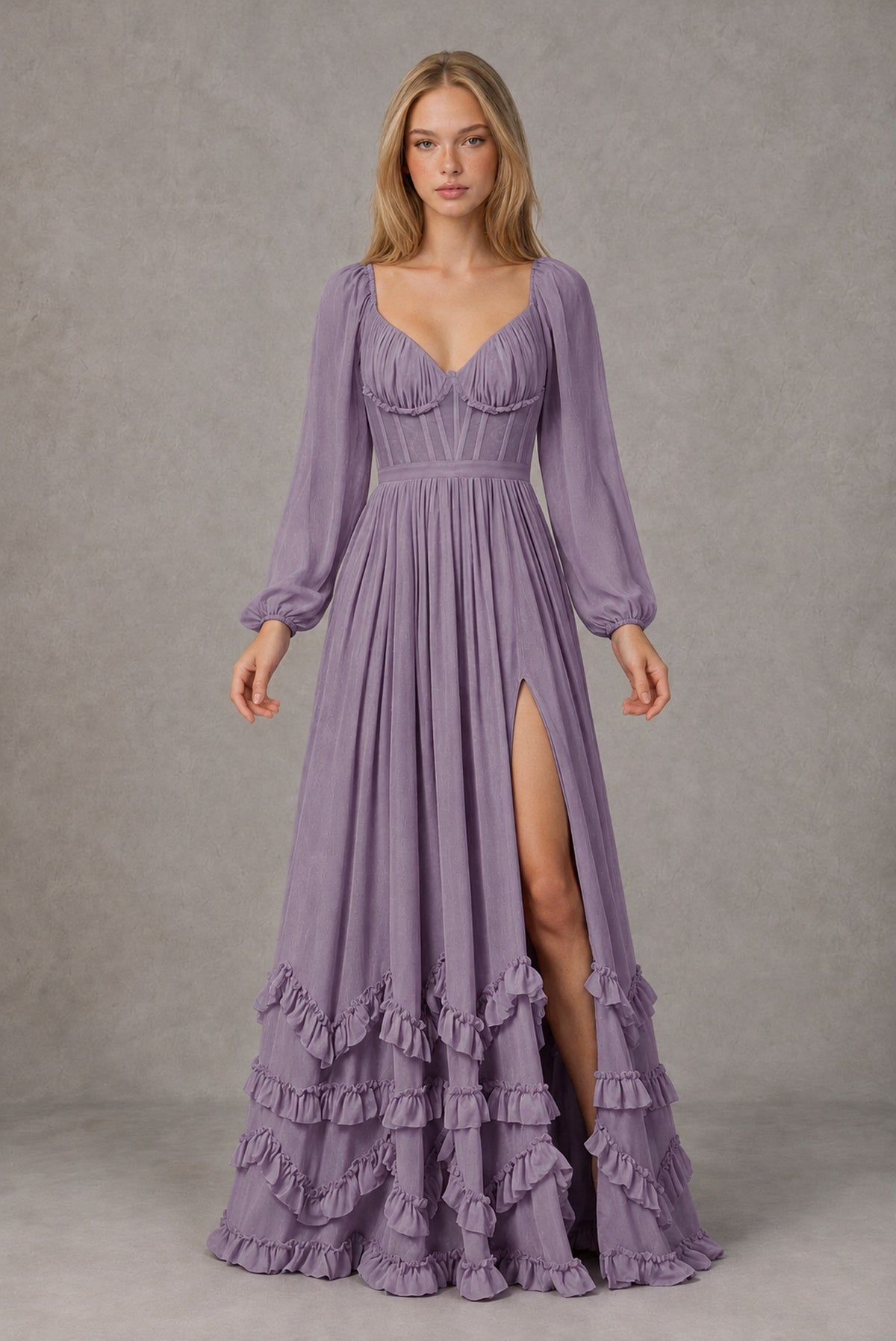 Wisteria Long-Sleeve Ruffle Maxi Dress with Lace-Up Back and Slit - Wisteria