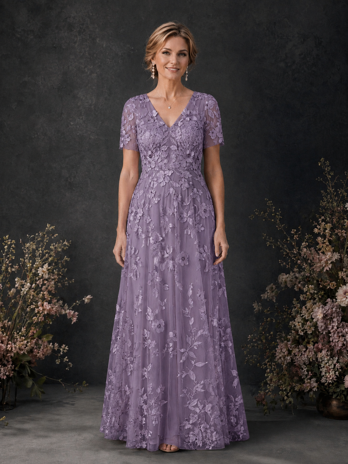 BOLODOO Wisteria 3D Floral Embroidered Lace V-Neck Short Sleeve A-Line Maxi Dress - Wisteria