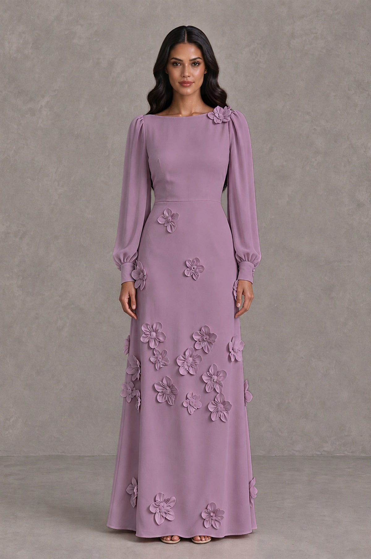 BOLODOO Wisteria Long Sleeve Floral Applique A-Line Evening Dress - Wisteria - Wisteria_1
