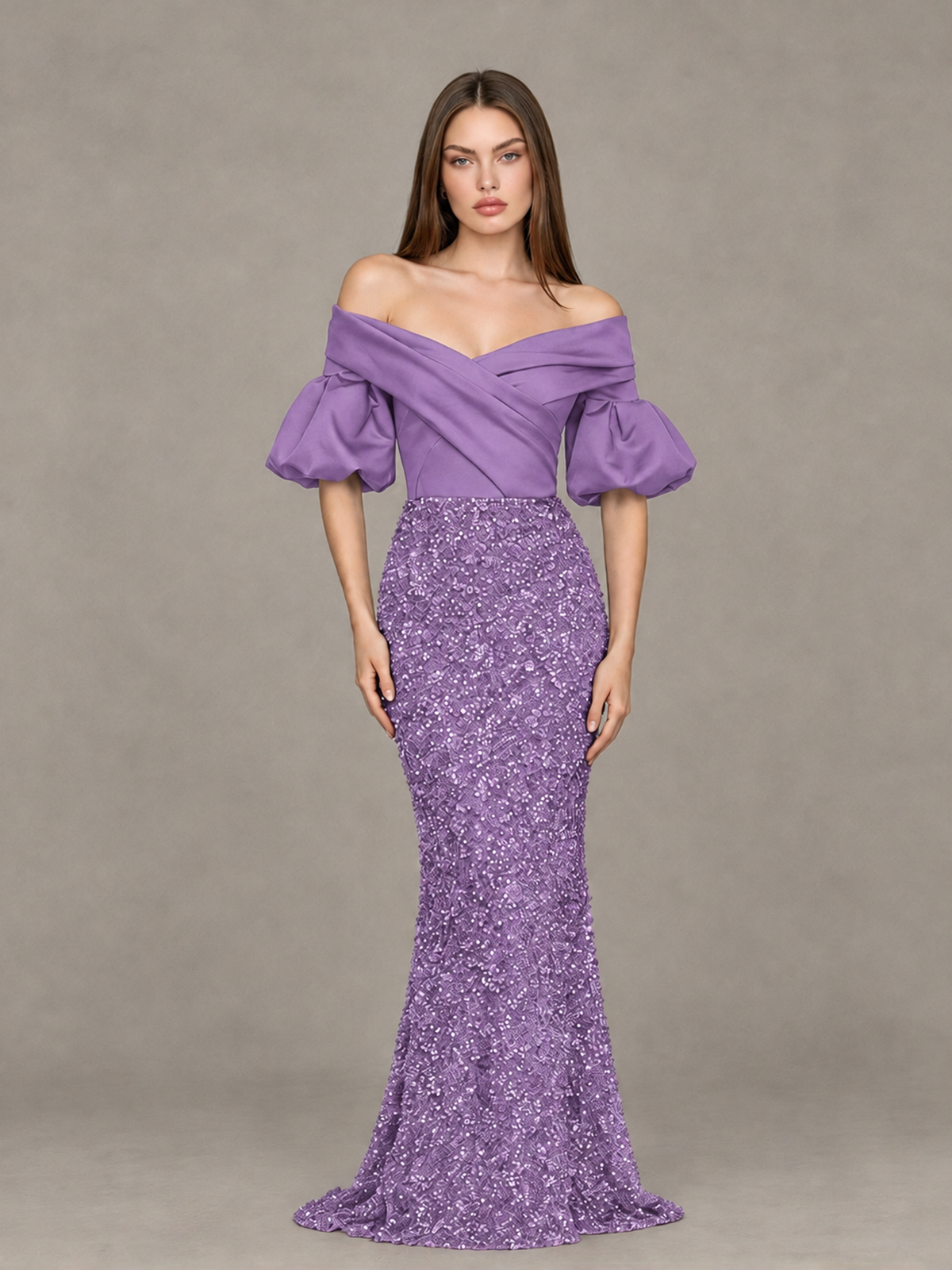 BOLODOO Wisteria Off-Shoulder Puff Sleeve Sequin Mermaid Evening Dress - Wisteria - Wisteria_1