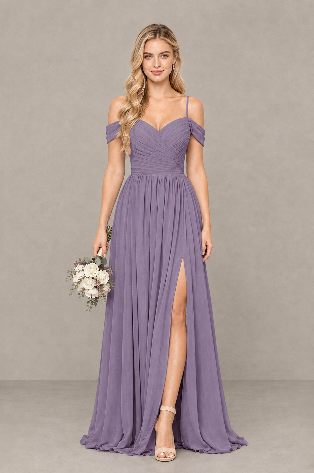 BOLODOO Wisteria Off-Shoulder Bridesmaid Dress with Slit - Wisteria