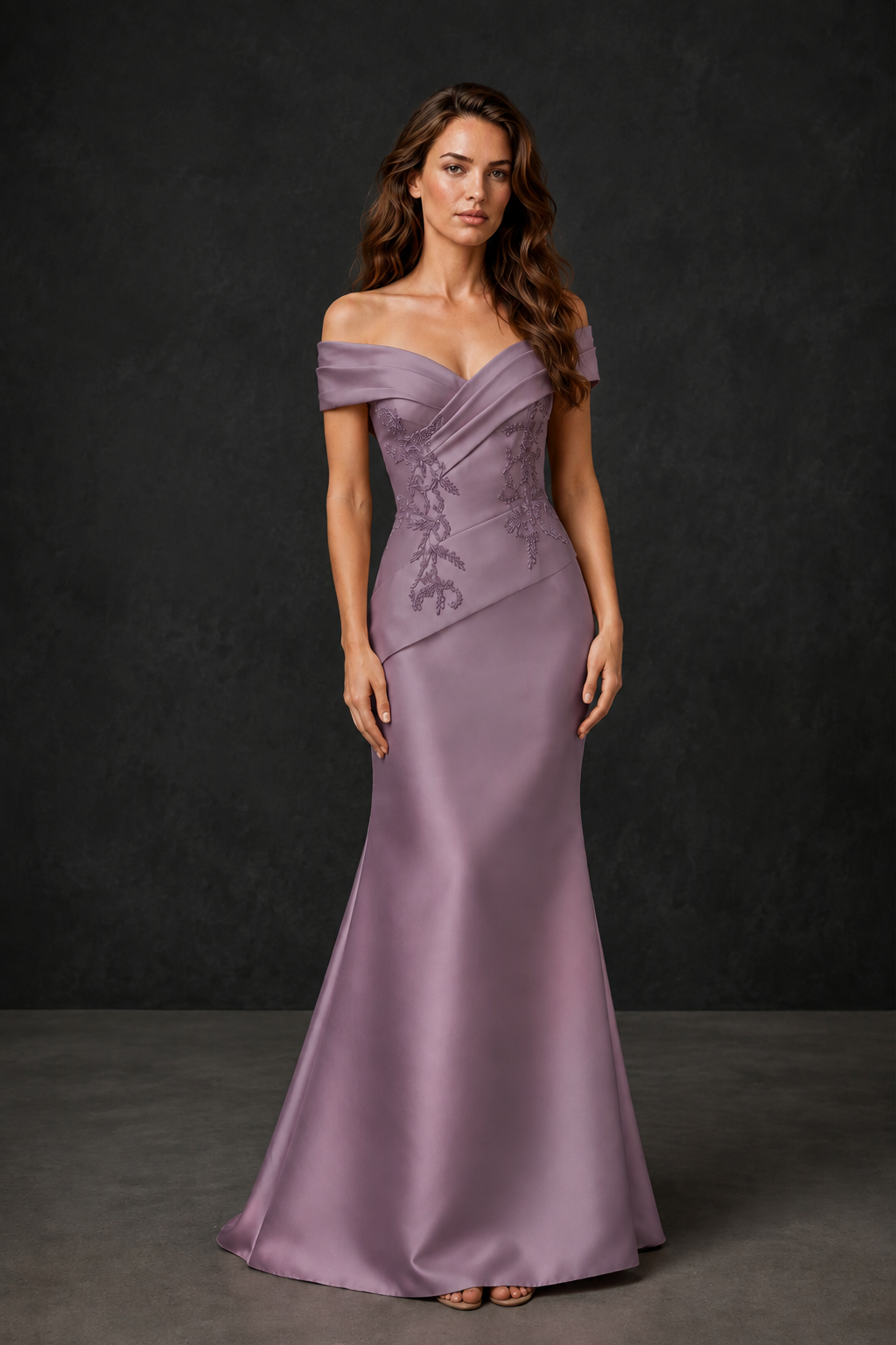 BOLODOO Wisteria Satin Off-Shoulder Sweetheart Asymmetric Peplum Mermaid Gown with Wisteria Floral Embroidery | MOB Evening Dress - Wisteria