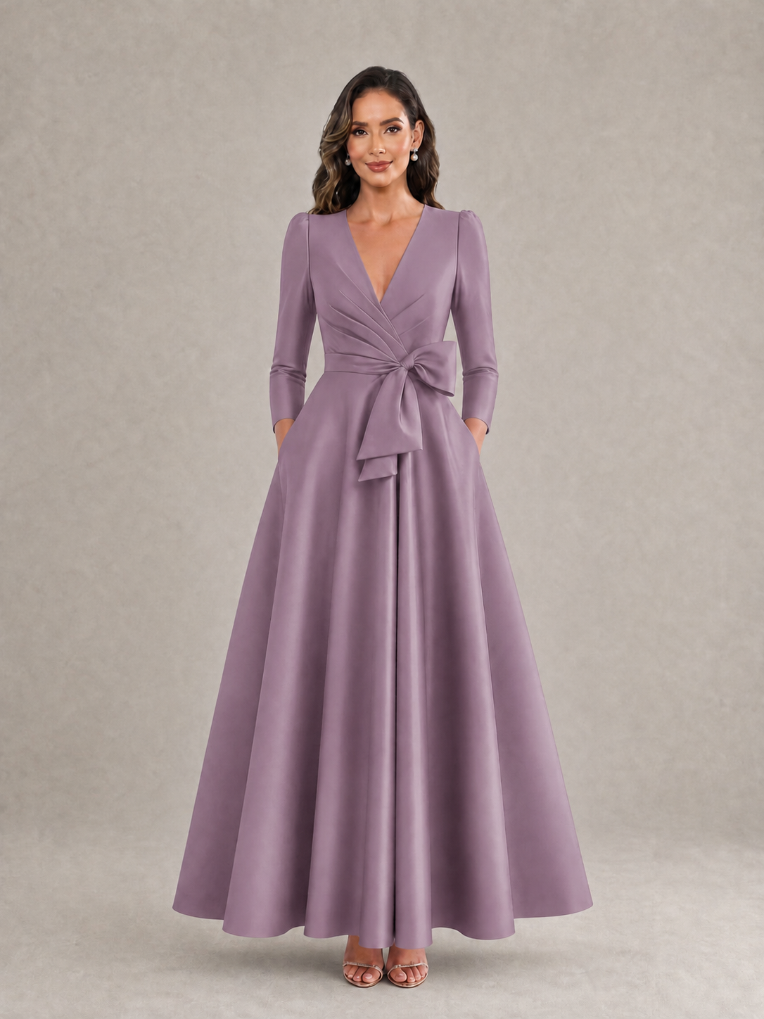 BOLODOO Wisteria Satin Deep V-Neck Wrap 3/4 Puff Sleeve A-Line Ball Gown Maxi Dress with Oversized Bow Belt - Wisteria