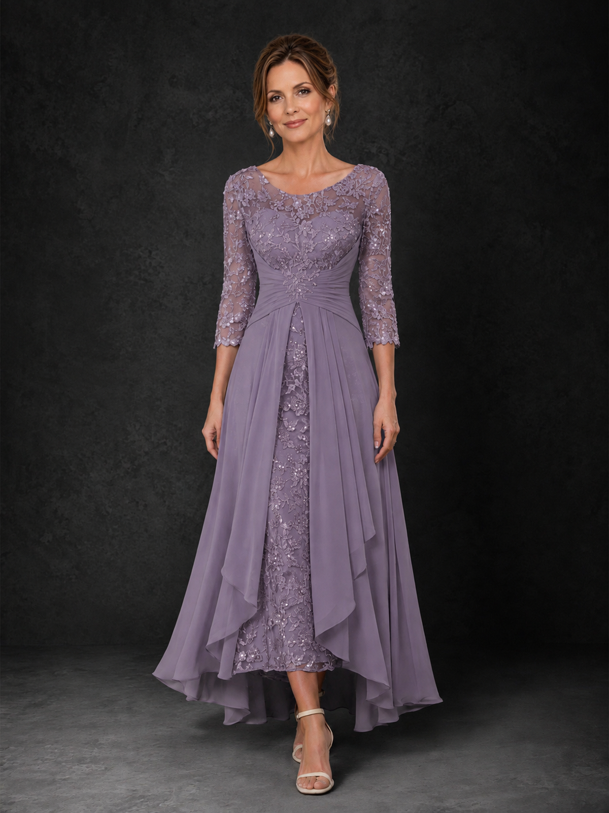 BOLODOO Wisteria Sequin Lace & Chiffon Tea-Length Mother of the Bride Dress with 3/4 Sleeves - Wisteria