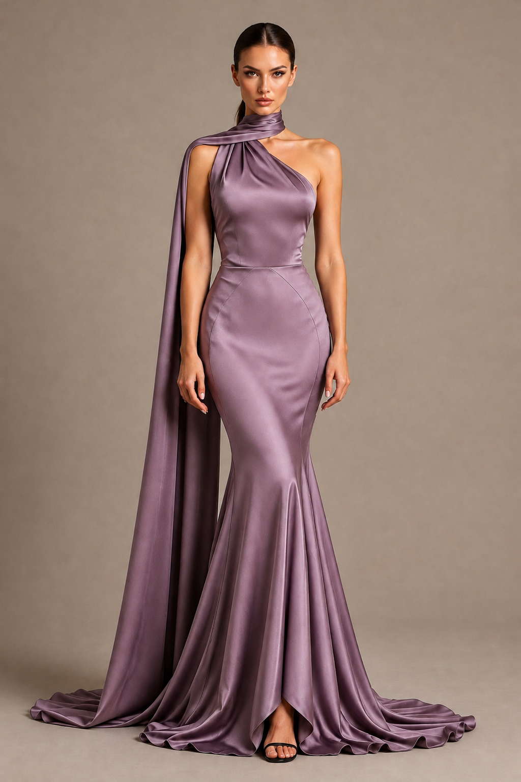 BOLODOO Wisteria One-Shoulder Satin Mermaid Evening Dress with Scarf - Wisteria - Wisteria_1