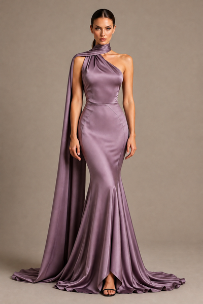 BOLODOO Wisteria One-Shoulder Satin Mermaid Evening Dress with Scarf - Wisteria - Wisteria_1