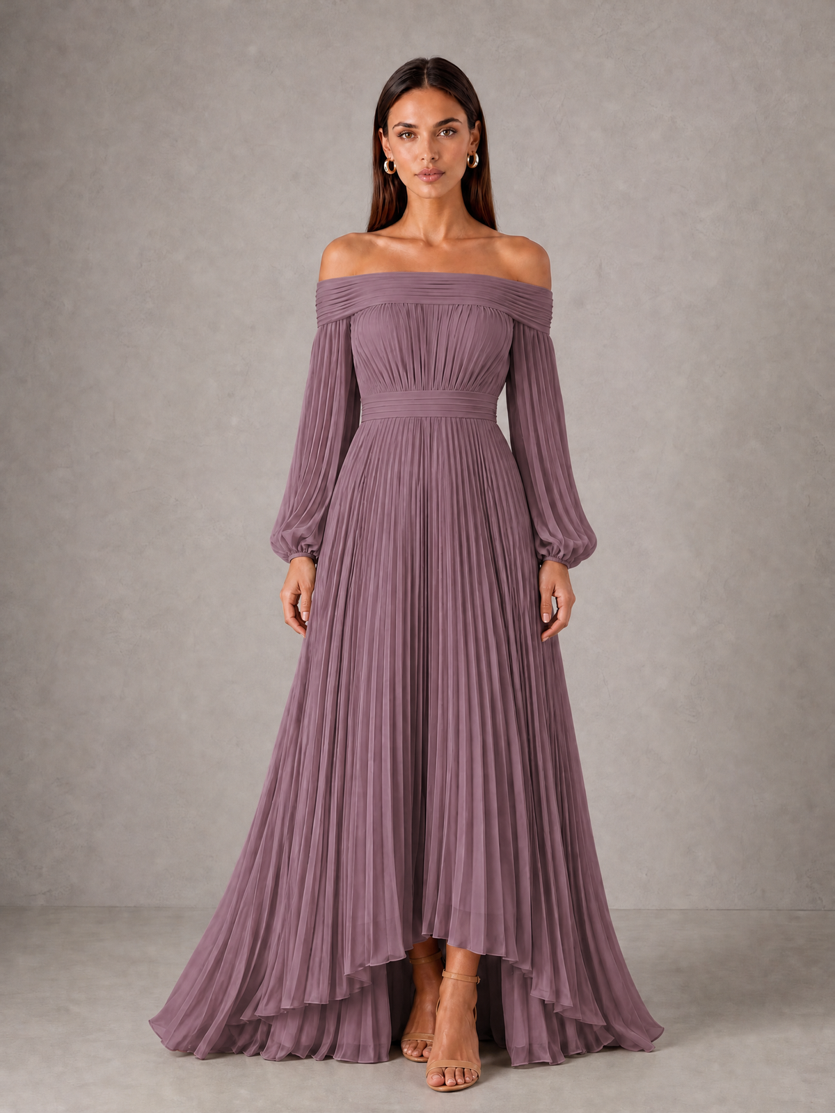 BOLODOO Wisteria Off-Shoulder Long Sleeve Pleated High-Low Dress - Wisteria - Wisteria_1