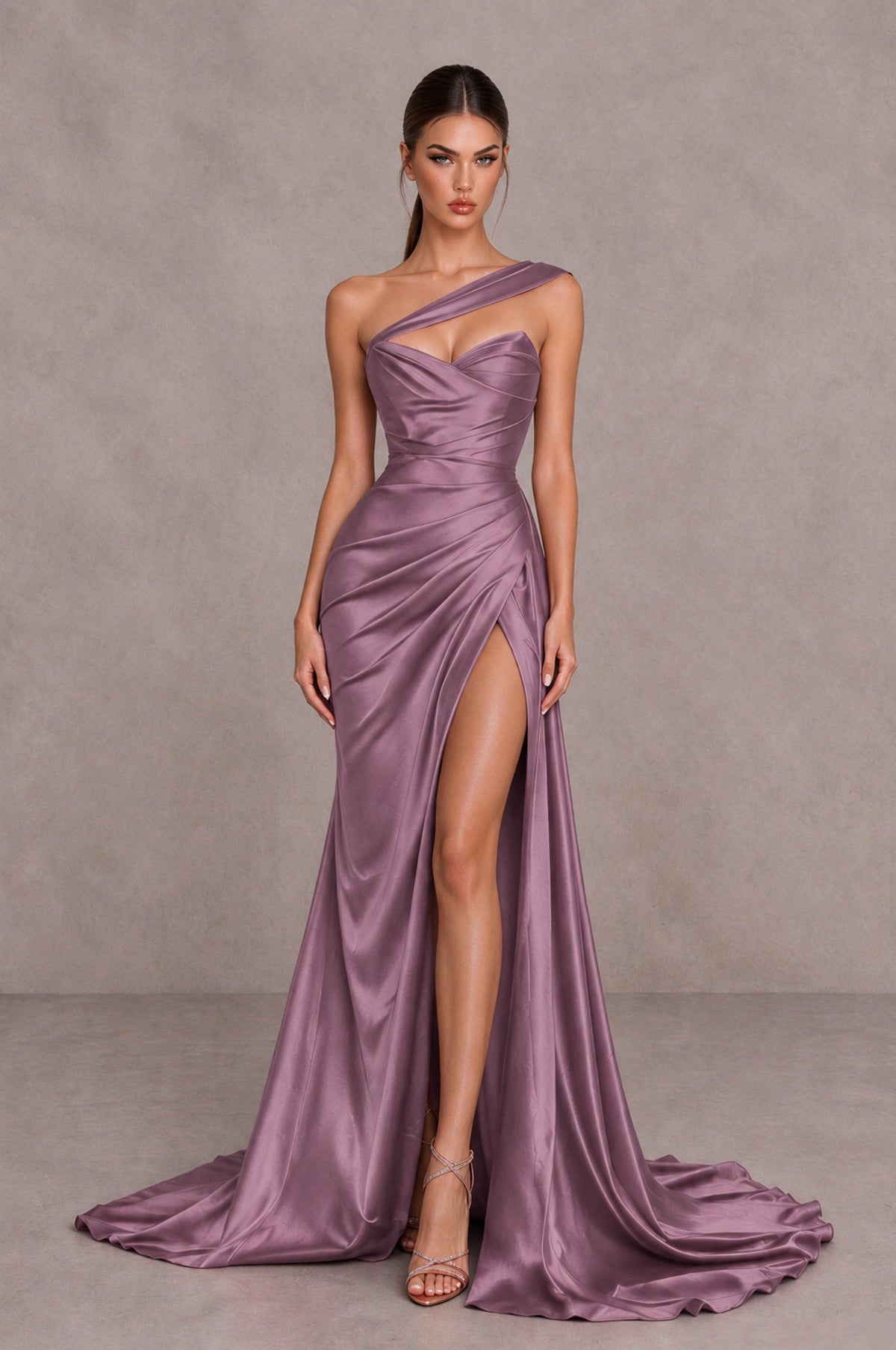 BOLODOO Wisteria One Shoulder Satin Mermaid Evening Dress with Ruched Slit Skirt - Wisteria - Wisteria_1