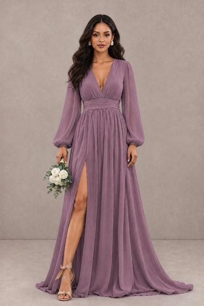 BOLODOO Wisteria Long Sleeve V-Neck A-Line Gown with Open Back & Slit - Wisteria - Wisteria_1