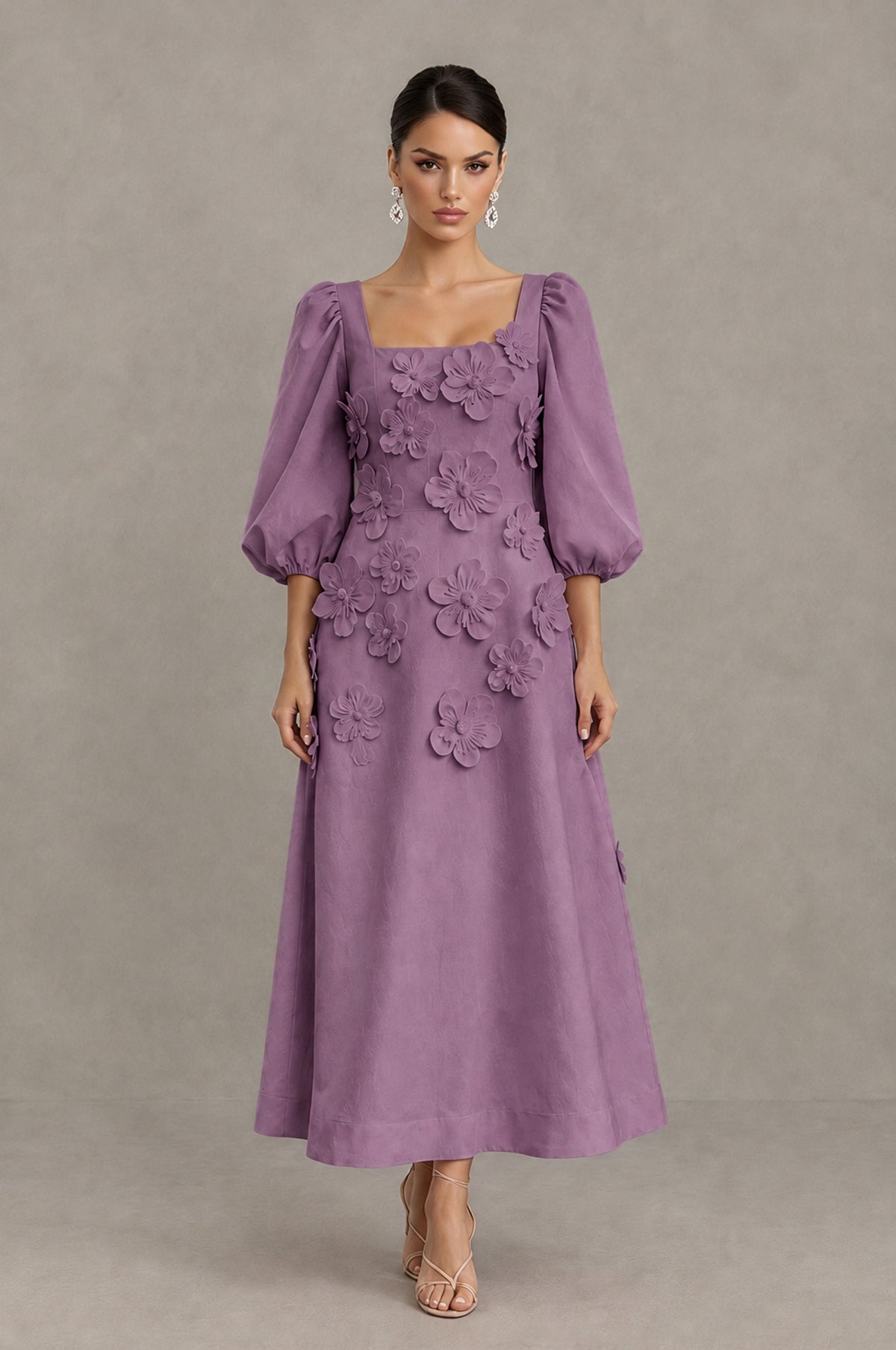 BOLODOO Wisteria 3D Floral Puff Sleeve Midi Cocktail Dress - Wisteria - Wisteria_1