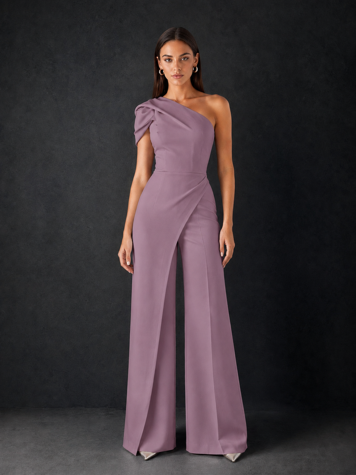 BOLODOO Wisteria One-Shoulder Puff Sleeve Wide-Leg Jumpsuit with Front Slit and Open Back - Wisteria