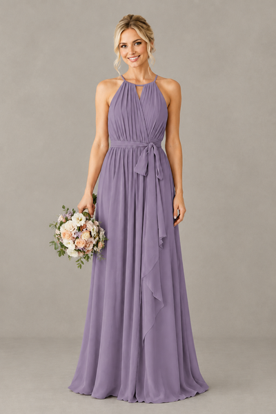 BOLODOO Wisteria Halter Chiffon Bridesmaid Dress with High Slit - Wisteria