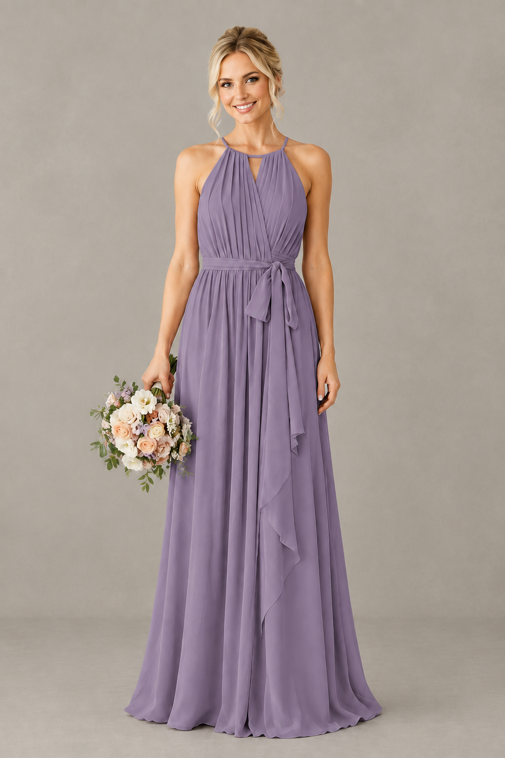BOLODOO Wisteria Halter Chiffon Bridesmaid Dress with High Slit - Wisteria
