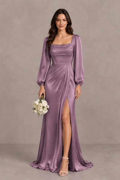 BOLODOO Wisteria Satin-Look Long Sleeve Evening Dress with High Slit - Wisteria - Wisteria_1
