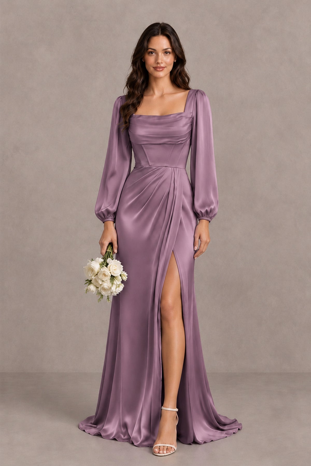 BOLODOO Wisteria Satin-Look Long Sleeve Evening Dress with High Slit - Wisteria - Wisteria_1
