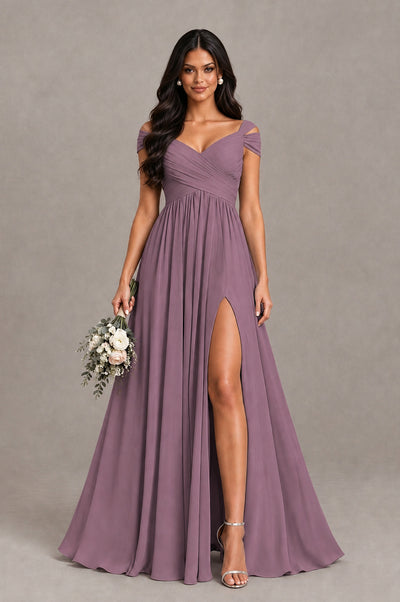 BOLODOO Wisteria Cold Shoulder Chiffon Evening Dress with V Neck and High Slit - Wisteria - Wisteria_1
