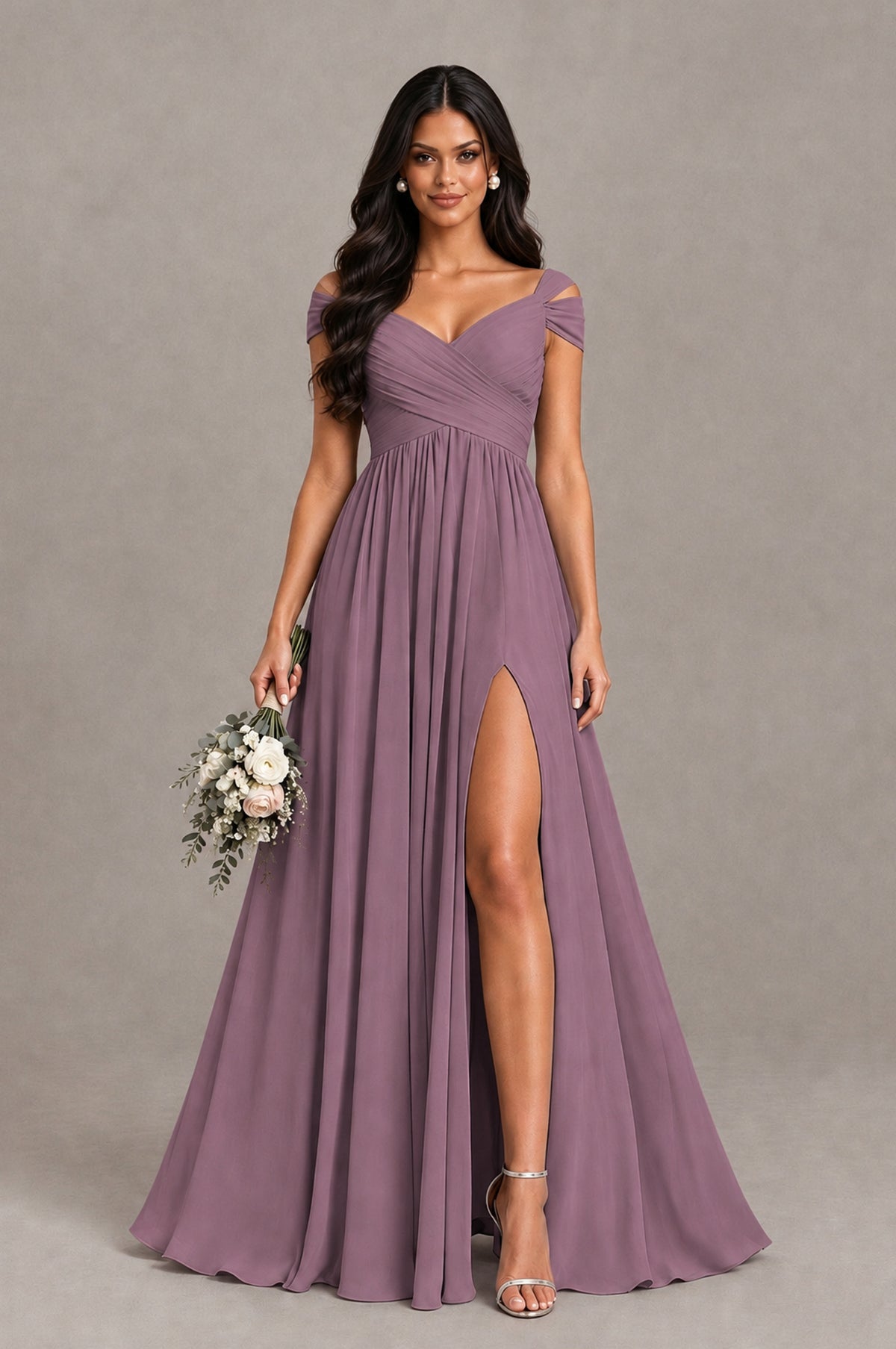BOLODOO Wisteria Cold Shoulder Chiffon Evening Dress with V Neck and High Slit - Wisteria - Wisteria_1