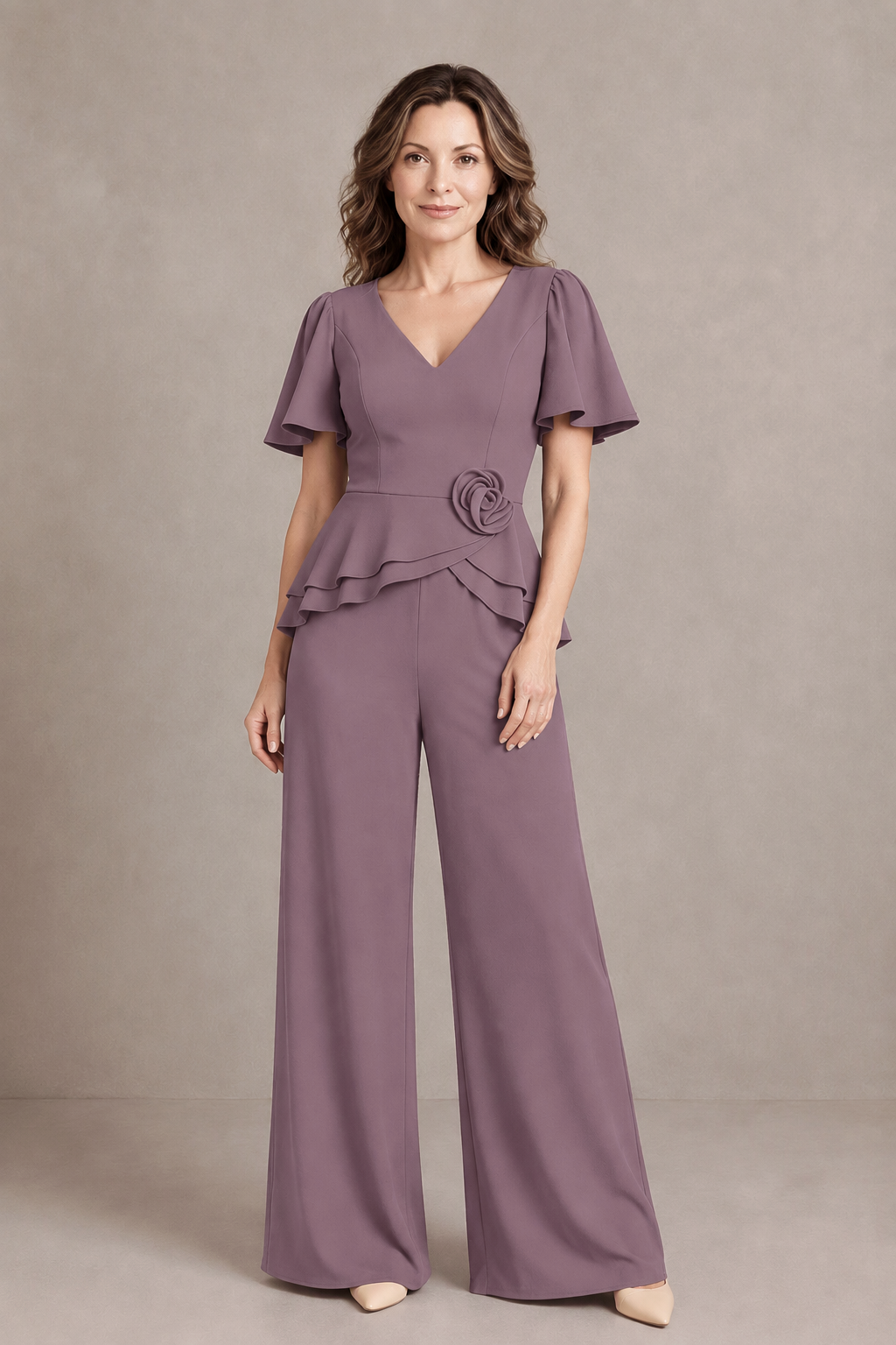BOLODOO Wisteria Flutter Sleeve Peplum Wide-Leg Pant Suit - Wisteria