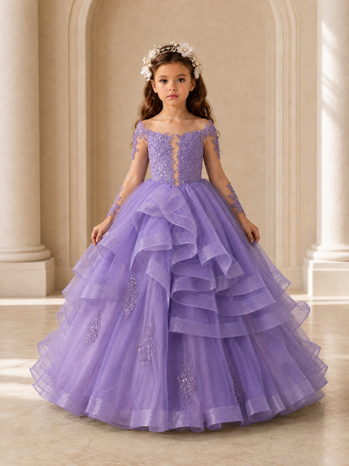 BOLODOO Wisteria Lace Long Sleeve Tiered Flower Girl Dress - Wisteria - Wisteria_1