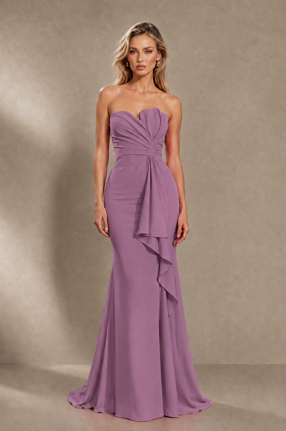 BOLODOO Wisteria Strapless Sweetheart Ruched Mermaid Gown | Cascade Drape Formal Evening Dress - Wisteria - Wisteria_1