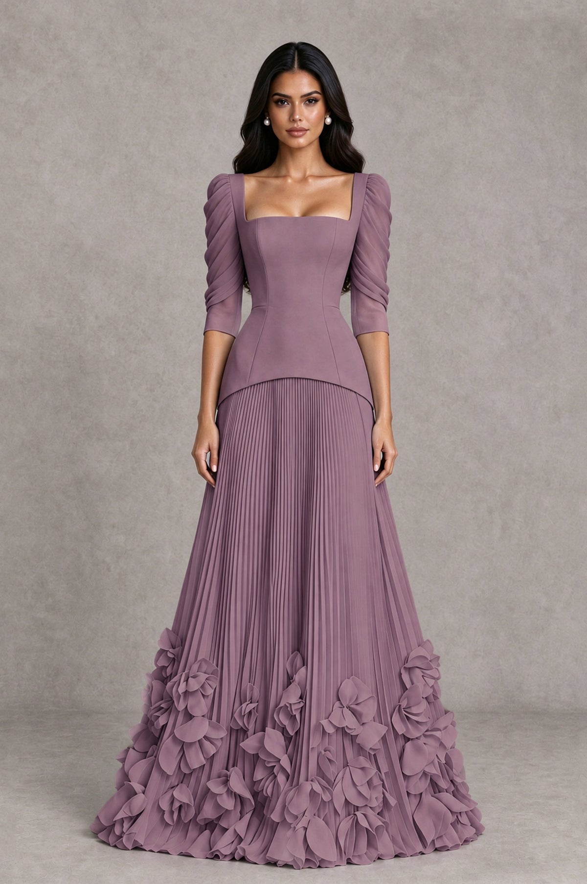 BOLODOO Wisteria Square Neck Pleated Floral Applique Evening Dress - Wisteria - Wisteria_1