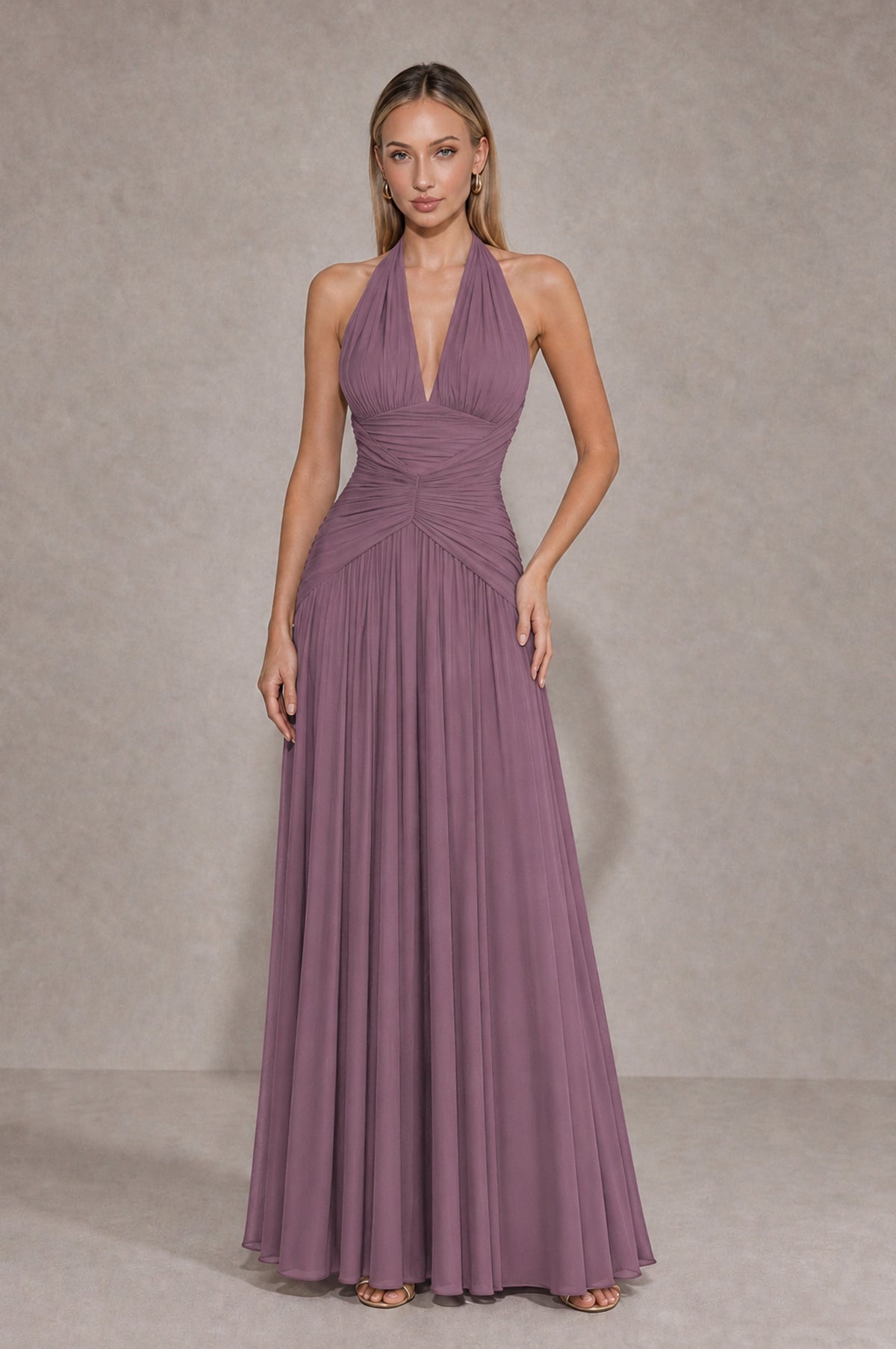 BOLODOO Wisteria Chiffon Halter Deep V-Neck Ruched A-Line Backless Maxi Dress with Train-BD0167 - Wisteria - Wisteria_1