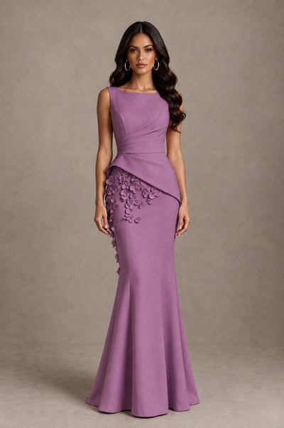 BOLODOO Wisteria Bateau Neck Sleeveless Asymmetric Peplum 3D Petal Appliqué Mermaid Gown BD0421 - Wisteria - Wisteria_1