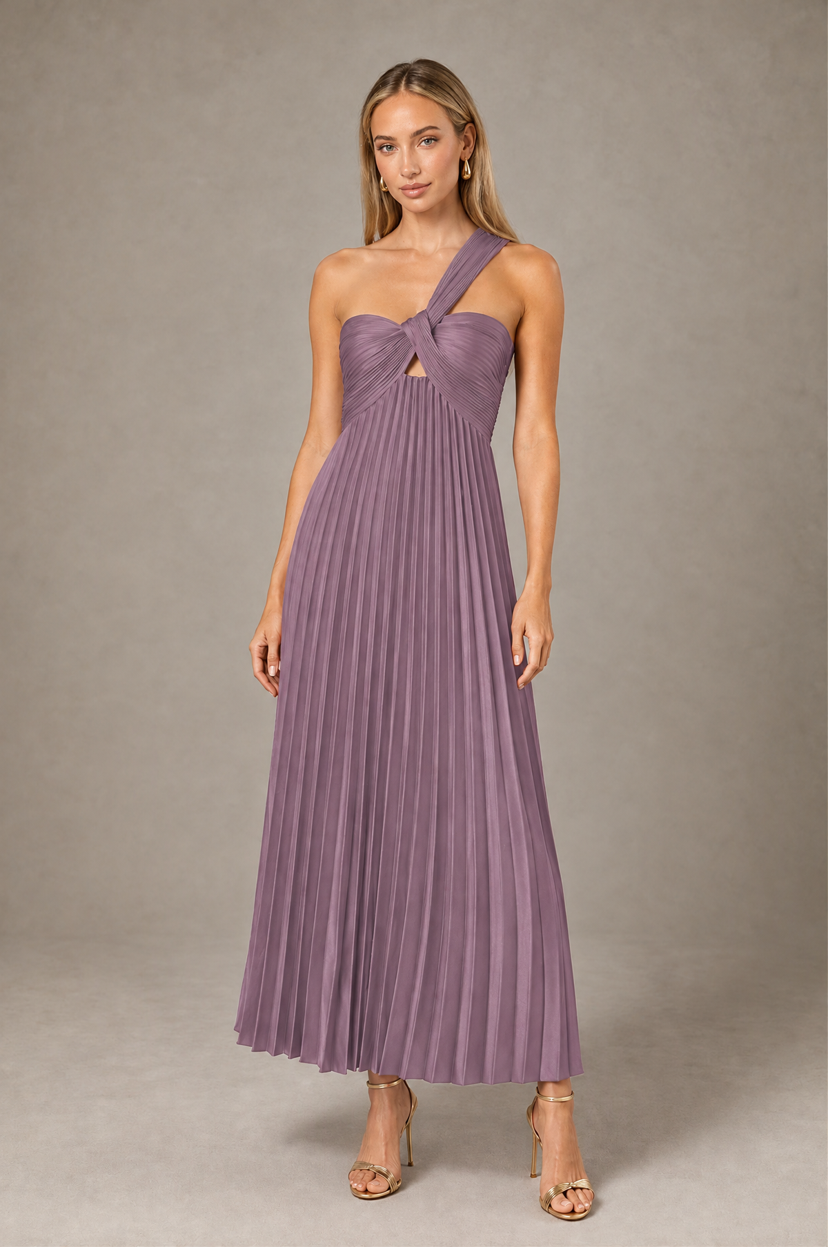BOLODOO Wisteria One-Shoulder Twist Knot Pleated Satin Midi Dress with Cutout - Wisteria - Wisteria_1