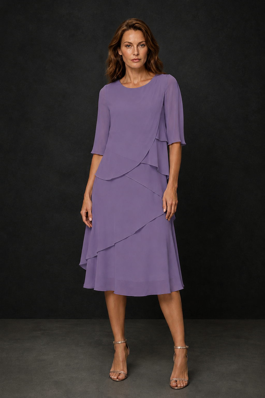 BOLODOO Wisteria Chiffon 3/4 Sleeve Asymmetric Tiered Tea Length Dress | Mother of the Bride Midi Dress - Wisteria