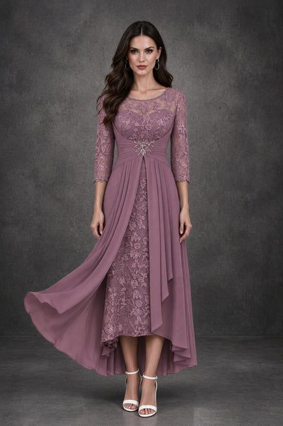 BOLODOO Wisteria Sequin Lace & Chiffon Tea-Length Mother of the Bride Dress with 3/4 Sleeves - Wisteria - Wisteria_1