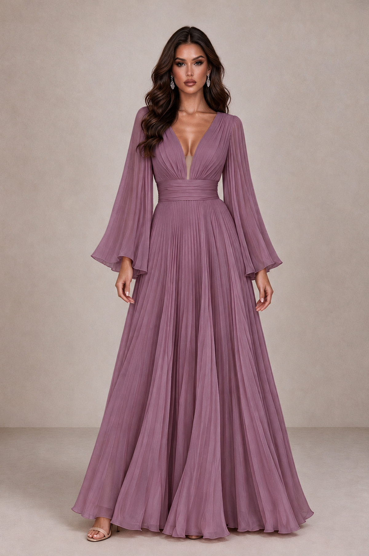 BOLODOO Wisteria Pleated Deep V-Neck Long Bell Sleeve Evening Dress - Wisteria - Wisteria_1