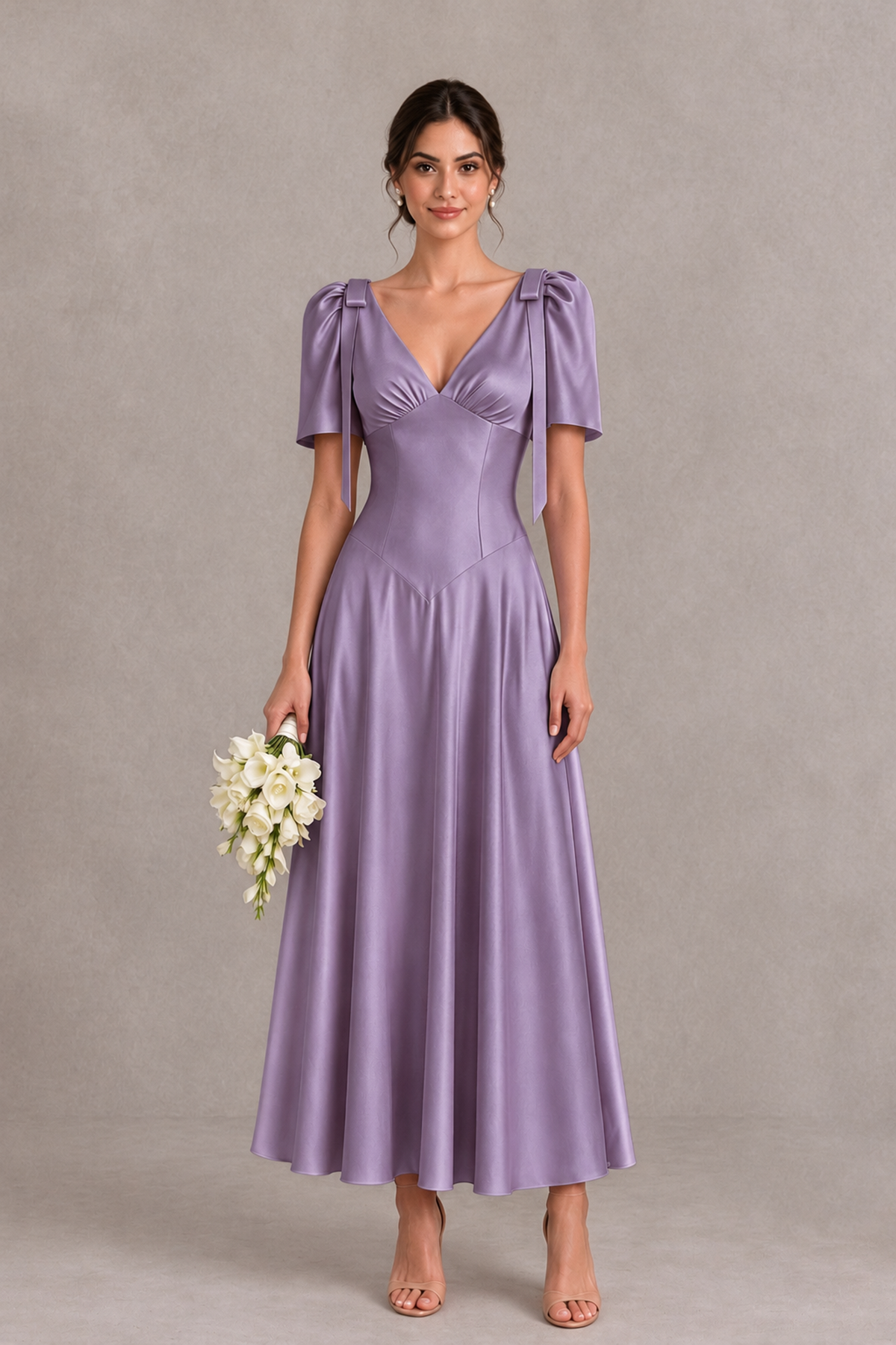 BOLODOO Wisteria V-Neck Short Sleeve Satin-Look Bridesmaid Dress with Shoulder Bows - Wisteria - Wisteria_1