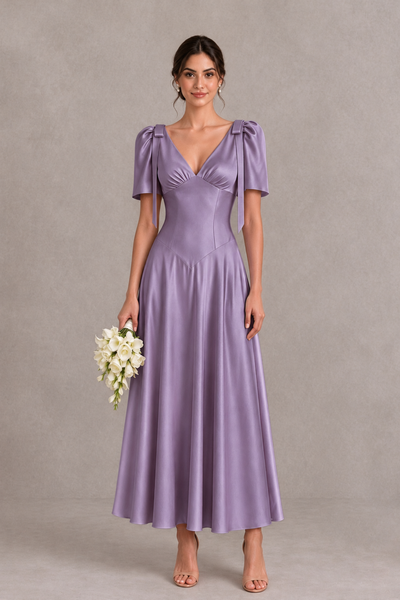 BOLODOO Wisteria V-Neck Short Sleeve Satin-Look Bridesmaid Dress with Shoulder Bows - Wisteria - Wisteria_1