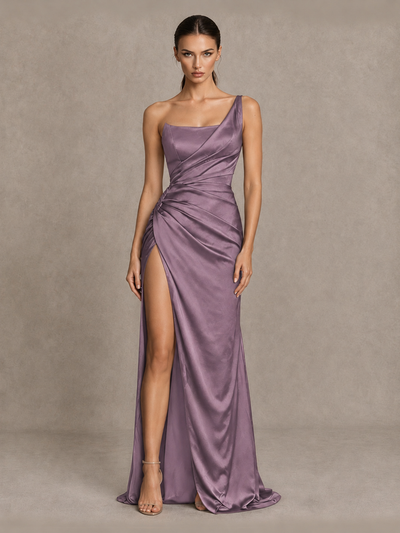 BOLODOO Wisteria One Shoulder Satin Evening Gown with High Slit and Sweep Train - Wisteria - Wisteria_1