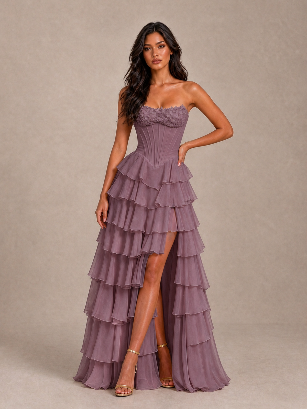 BOLODOO Wisteria Strapless Corset Tiered Ruffle Prom Dress with High Slit - Wisteria - Wisteria_1