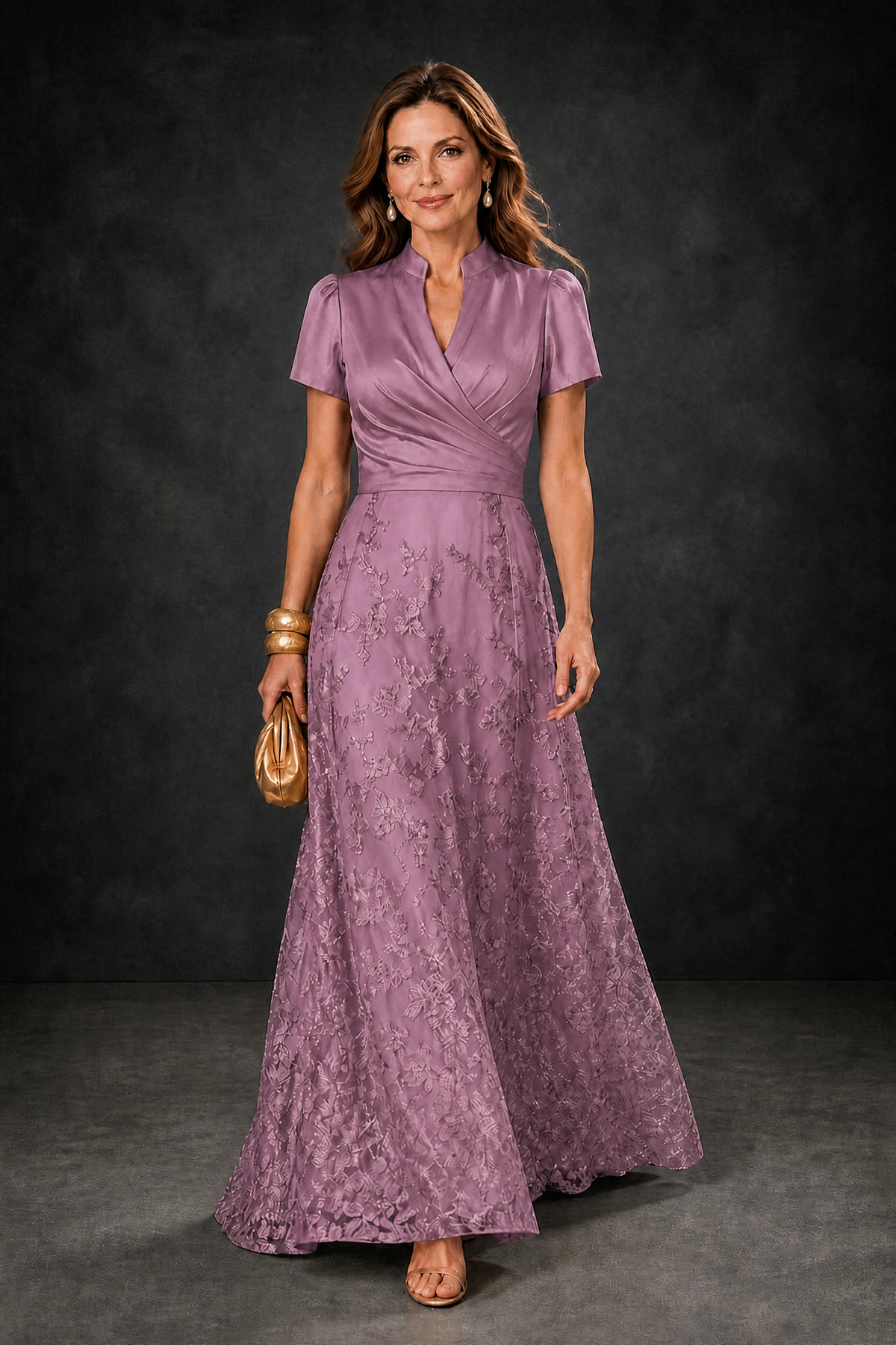 BOLODOO Wisteria Satin Wrap V-Neck Short Sleeve Lace Glitter A-Line Floor Length Evening Gown – Formal Dress - Wisteria