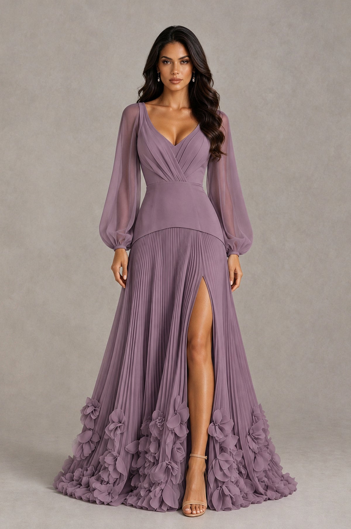 BOLODOO Wisteria V-Neck Long Sleeve Pleated Floral Hem Evening Dress - Wisteria - Wisteria_1