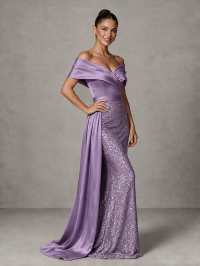 BOLODOO Wisteria Sequin Mermaid Evening Dress with Off-Shoulder Satin Drape and Sweep Train - Wisteria - Wisteria_1