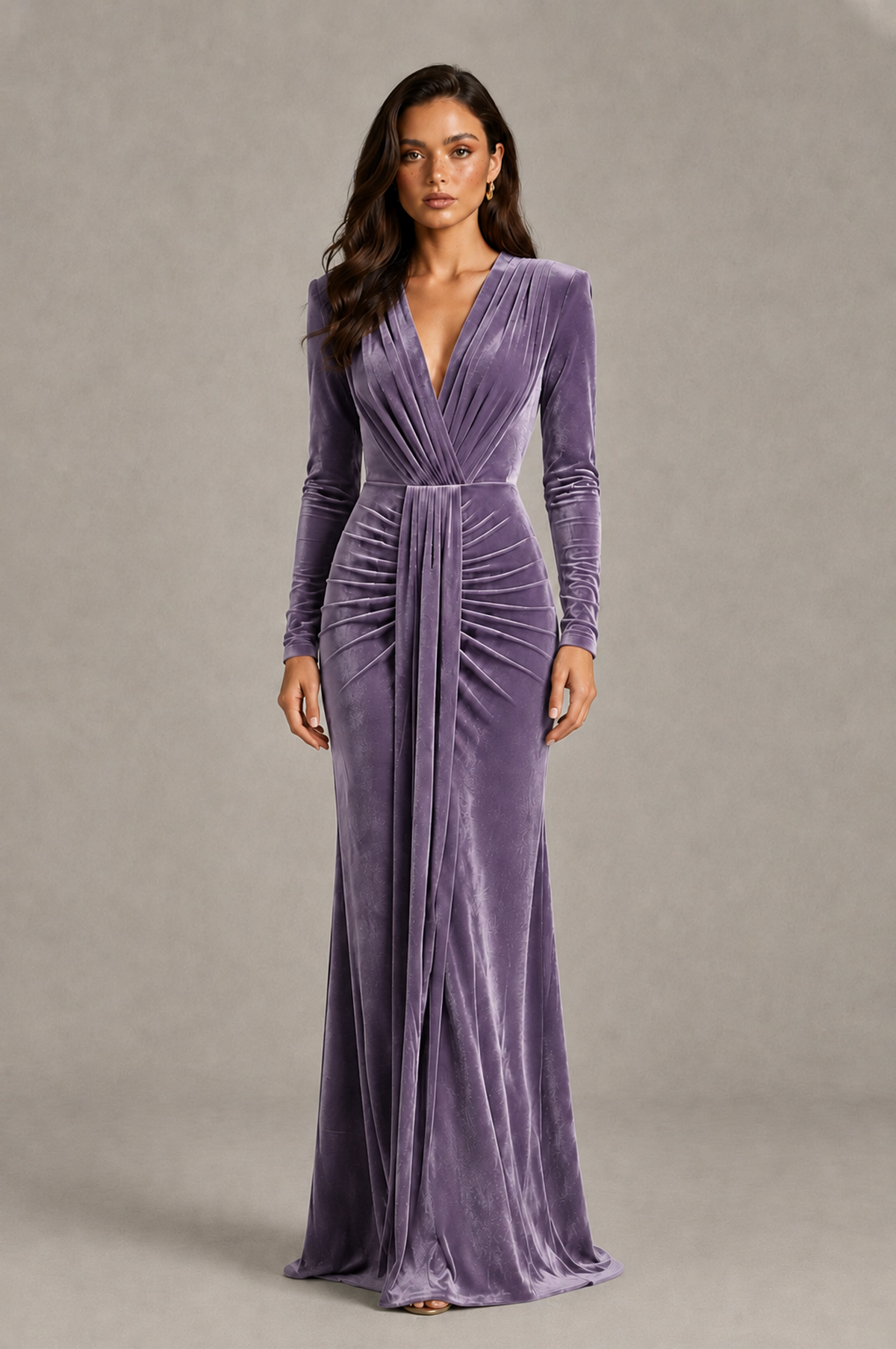 BOLODOO Wisteria Velvet Long Sleeve V-Neck Ruched Evening Gown - Wisteria