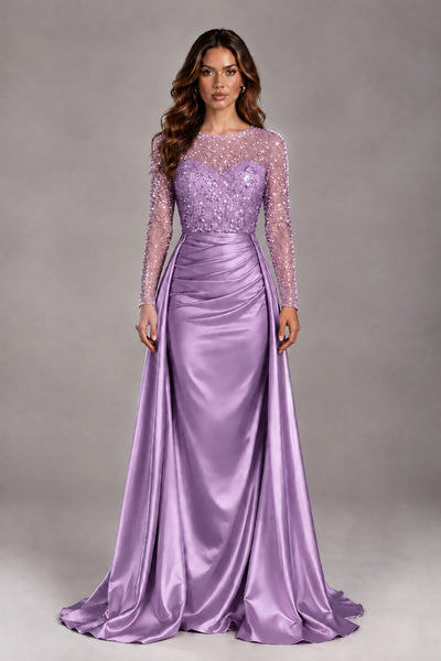 BOLODOO Wisteria Long Sleeve Embellished Satin Evening Gown with Sweep Train - Wisteria - Wisteria_1