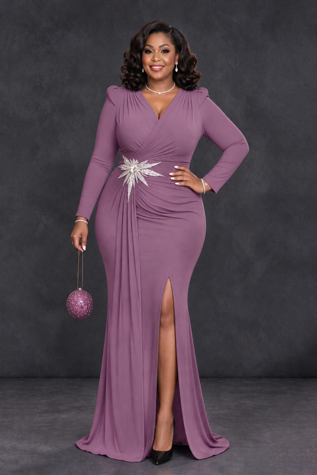 BOLODOO Wisteria Plus Size Long Sleeve V-Neck Mother of the Bride Dress with Slit - Wisteria - Wisteria_1