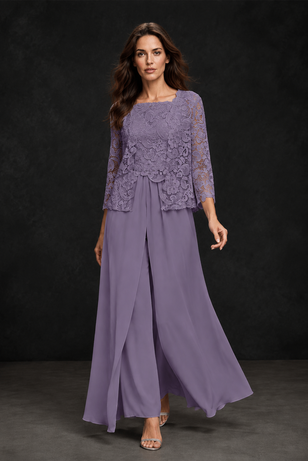 BOLODOO Wisteria Grey Lace Peplum Top & Wide-Leg Chiffon Pants Set | Mother of the Bride & Formal Evening Outfit - Wisteria