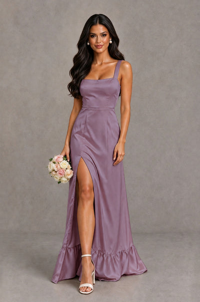 BOLODOO Wisteria Square Neck Satin Evening Dress with Lace-Up Back and High Slit - Wisteria - Wisteria_1