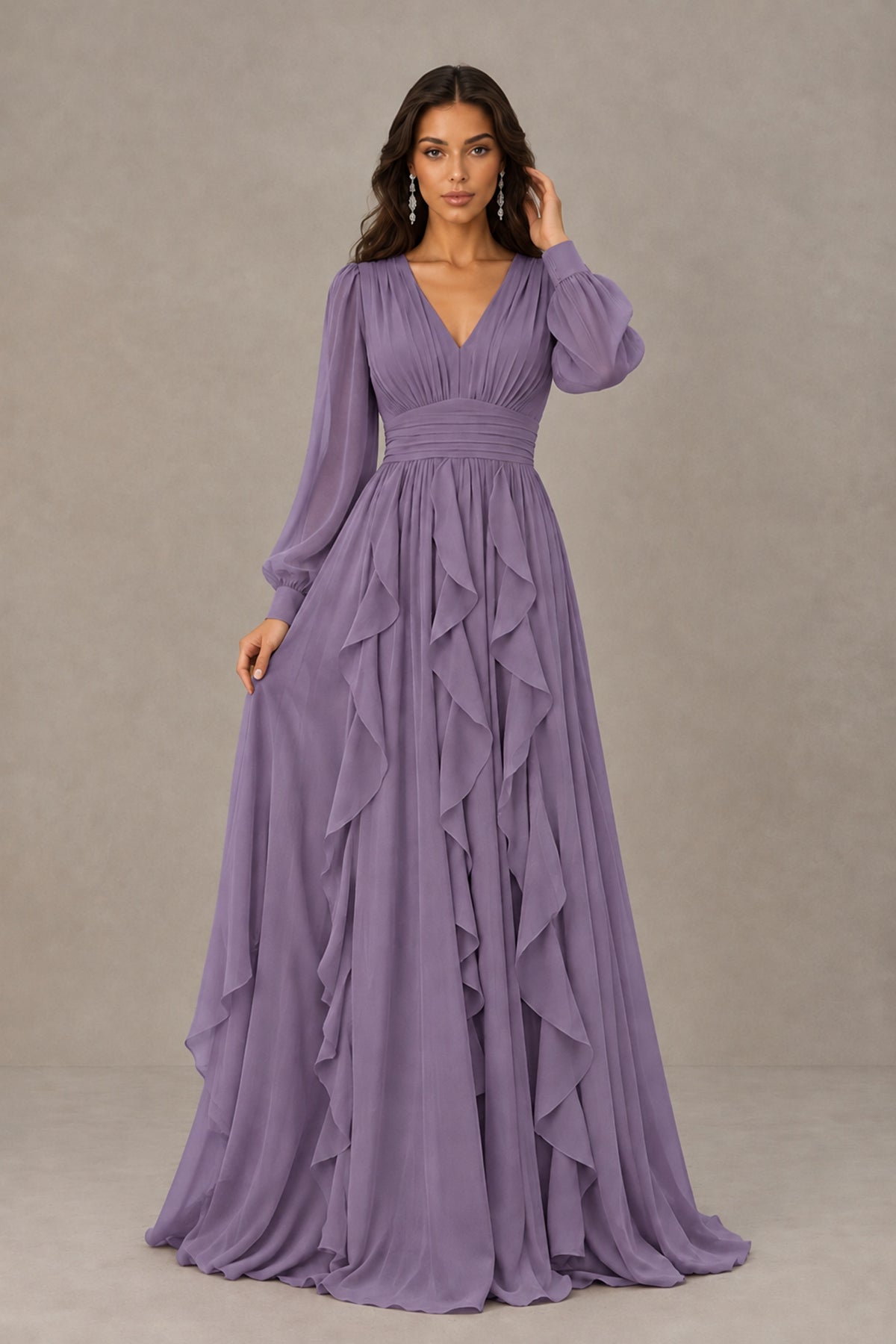 BOLODOO Wisteria Long Sleeve V-Neck Ruffle Maxi Dress - Wisteria