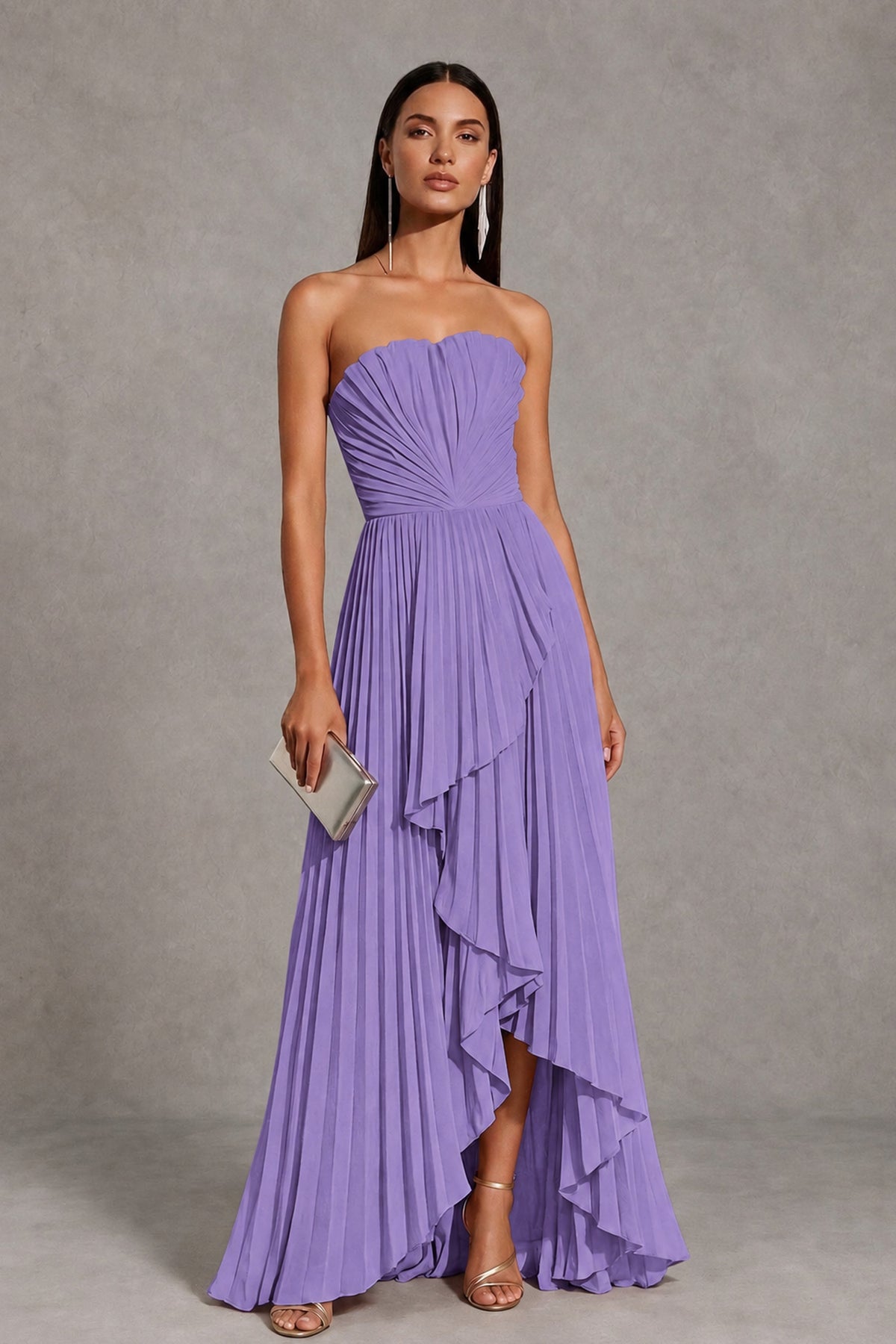 Wisteria Strapless Pleated High-Low Evening Gown with Ruffle Hem - Wisteria