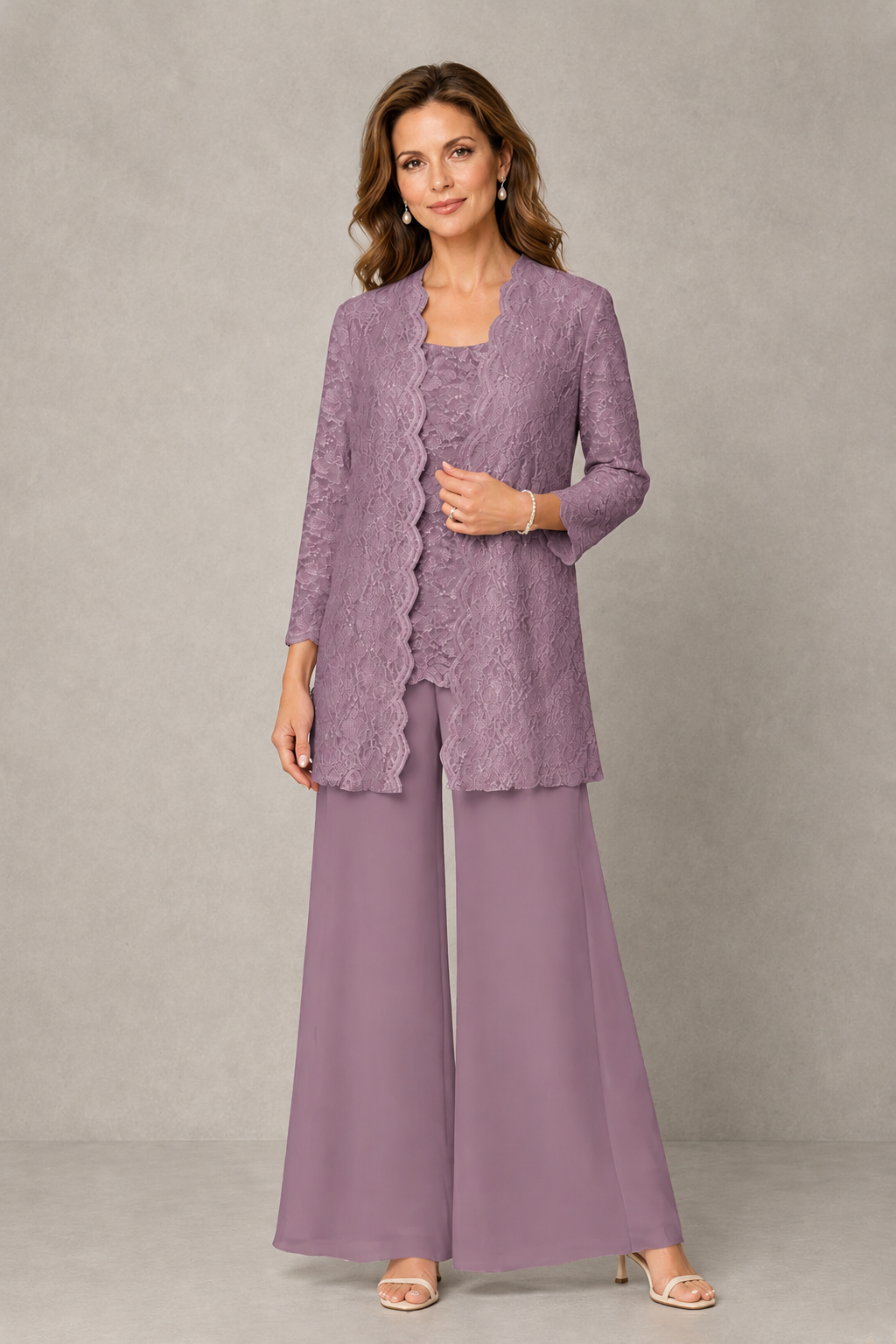 BOLODOO Wisteria 3-Piece Lace Chiffon Pantsuit – Mother of the Bride Wedding Guest with Jacket - Wisteria