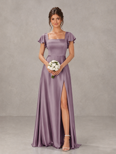 BOLODOO Wisteria Satin Square Neck Flutter Sleeve A-Line Bridesmaid Dress with Slit - Wisteria - Wisteria_1